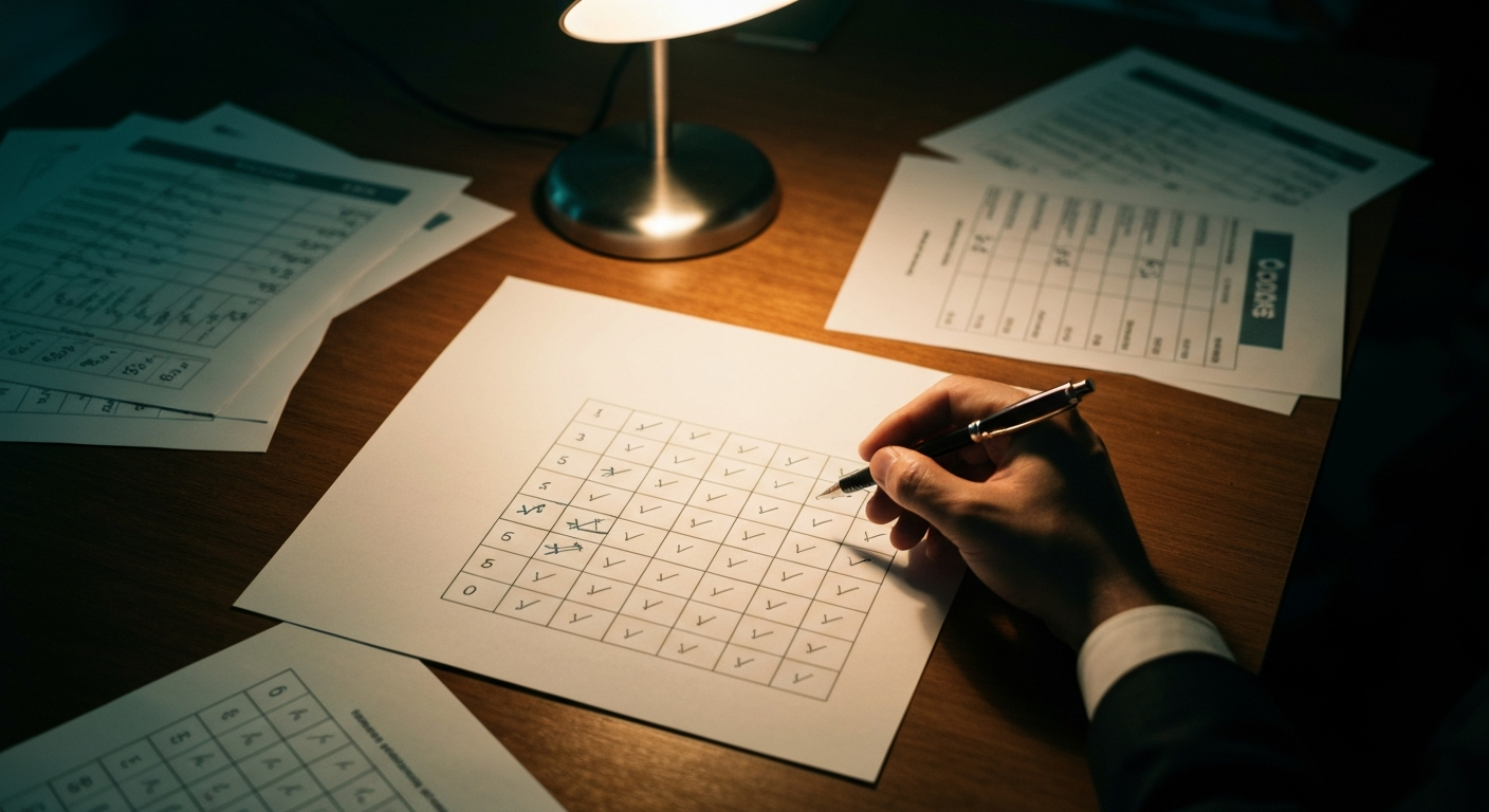 Hand annotating a printed scorecard with abstract evaluation grid in warm desk light
