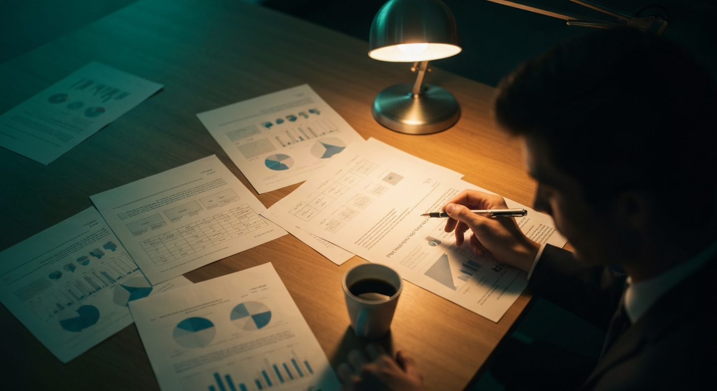 Conference organizer reviewing vendor proposals at a wooden desk in soft evening light