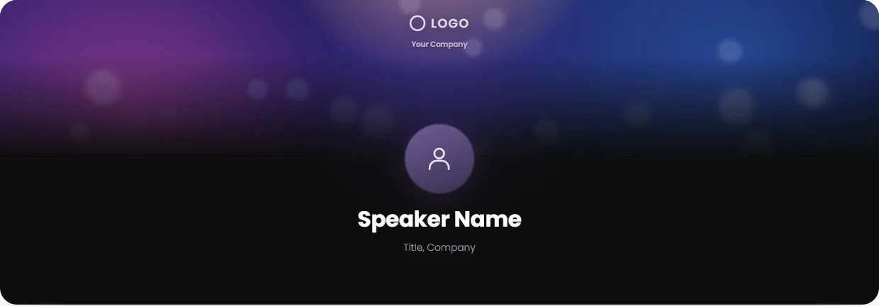The cover on a desktop kit page, with the logo at the top, the speaker photo overlapping the bottom edge, and the speaker's name below