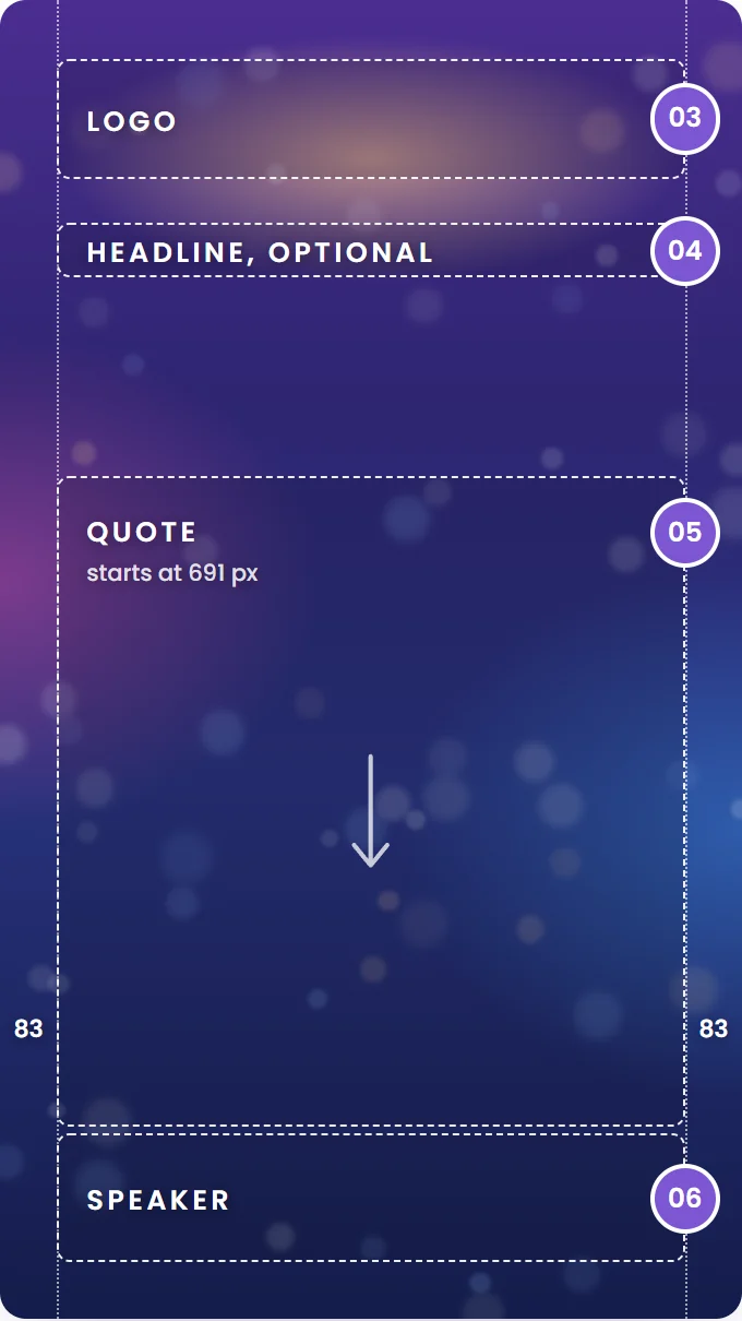 The 1080 by 1920 quote background with the zones Speechbox fills: logo, headline, quote and speaker, and 83 pixels clear on each side