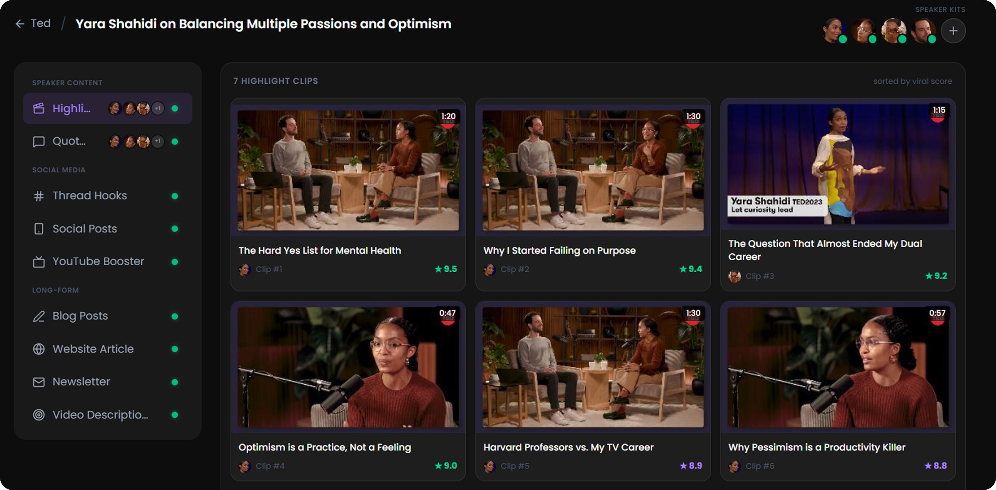 Prism speaker kit dashboard showing highlight clips ranked by viral score