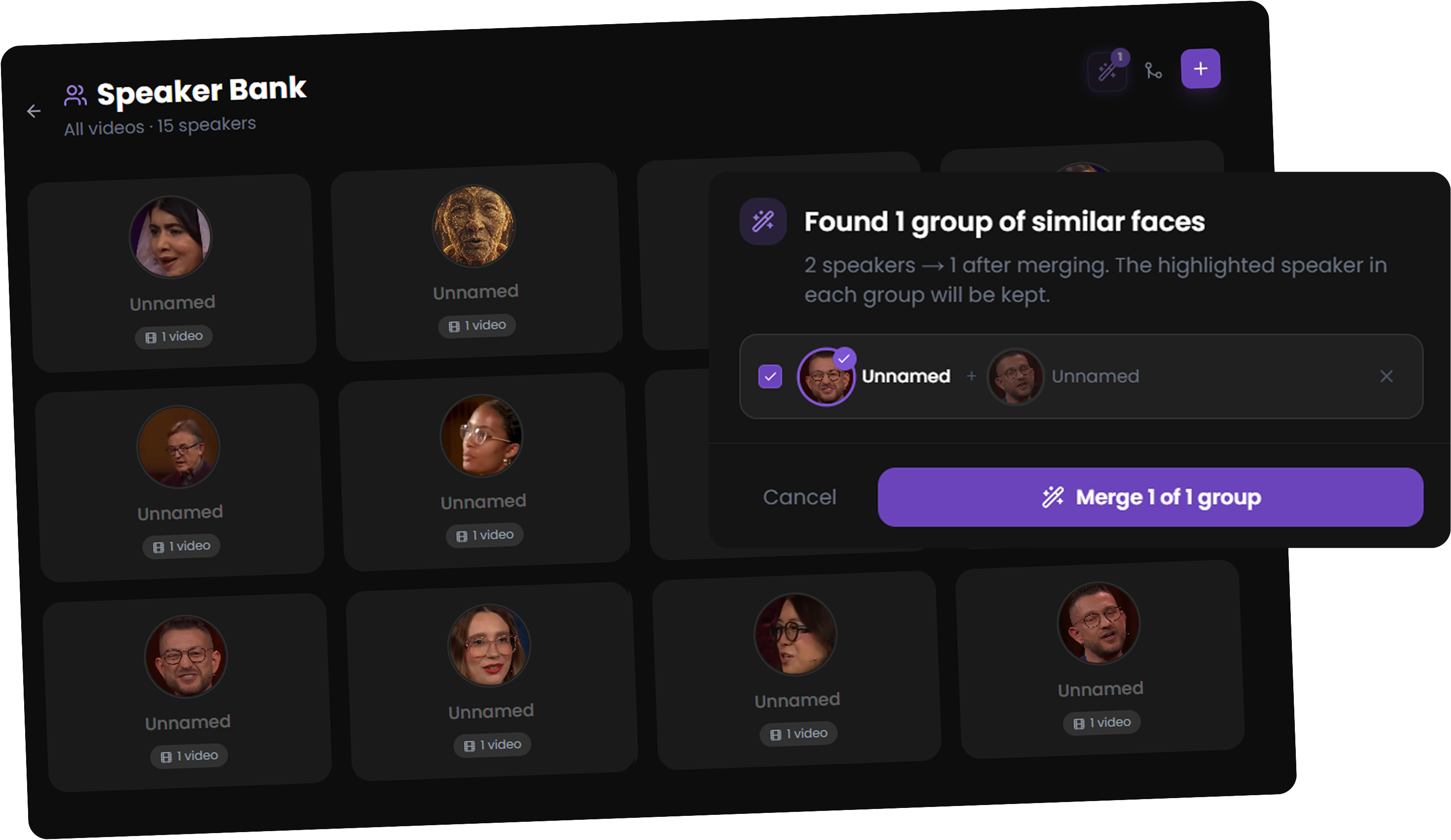Prism speaker detection panel - speakers and transcript tabs