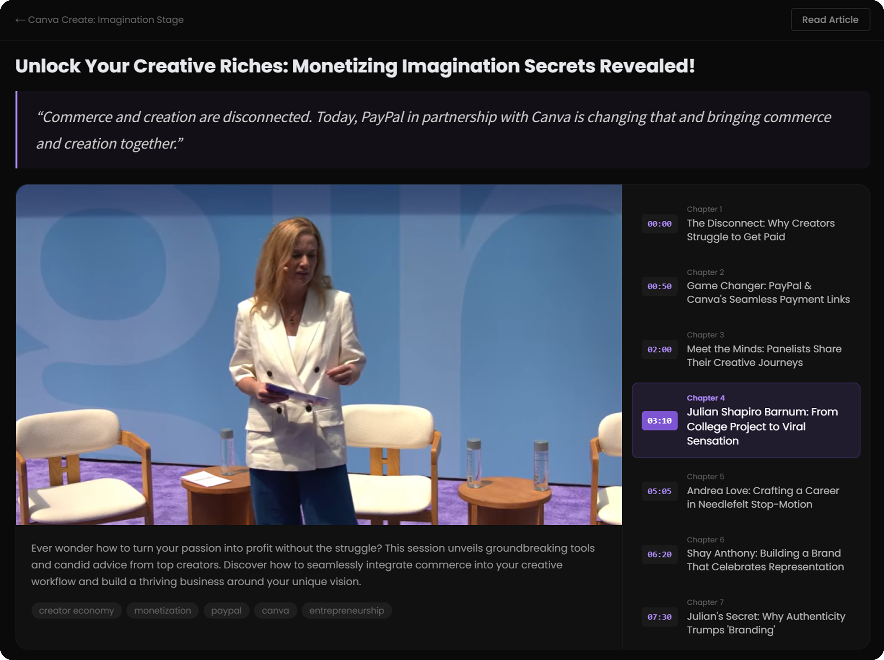 Showroom session page - chapters, highlights, articles, and social posts auto-generated from one video